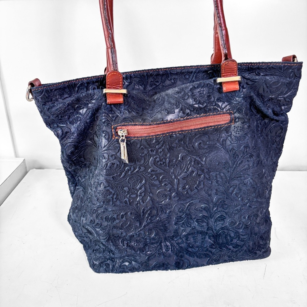 Borse in Pelle Navy Floral Embossed Suede Leather Tote Bag Made in Italy - Picture 3 of 12